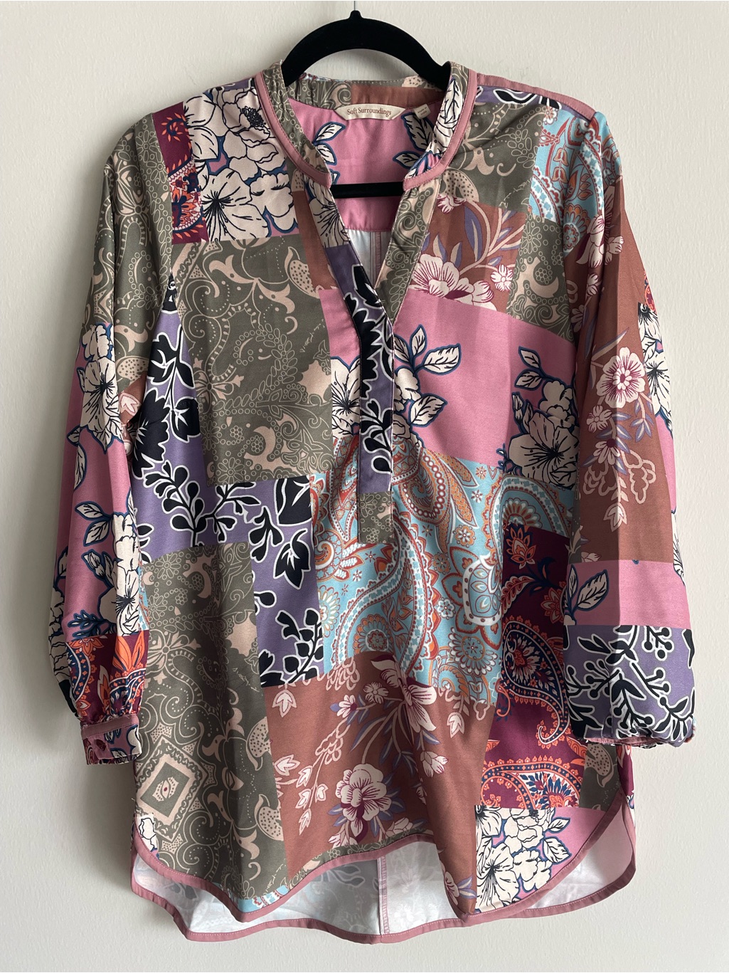 Soft Surroundings Boho Tunic Blouse Patchwork Paisley Collarless Button Front